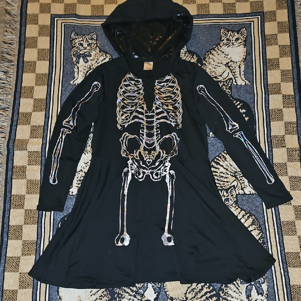 Spirit Halloween Black Skeleton Print Hooded Dress Wokens L/XL  Costume B19
